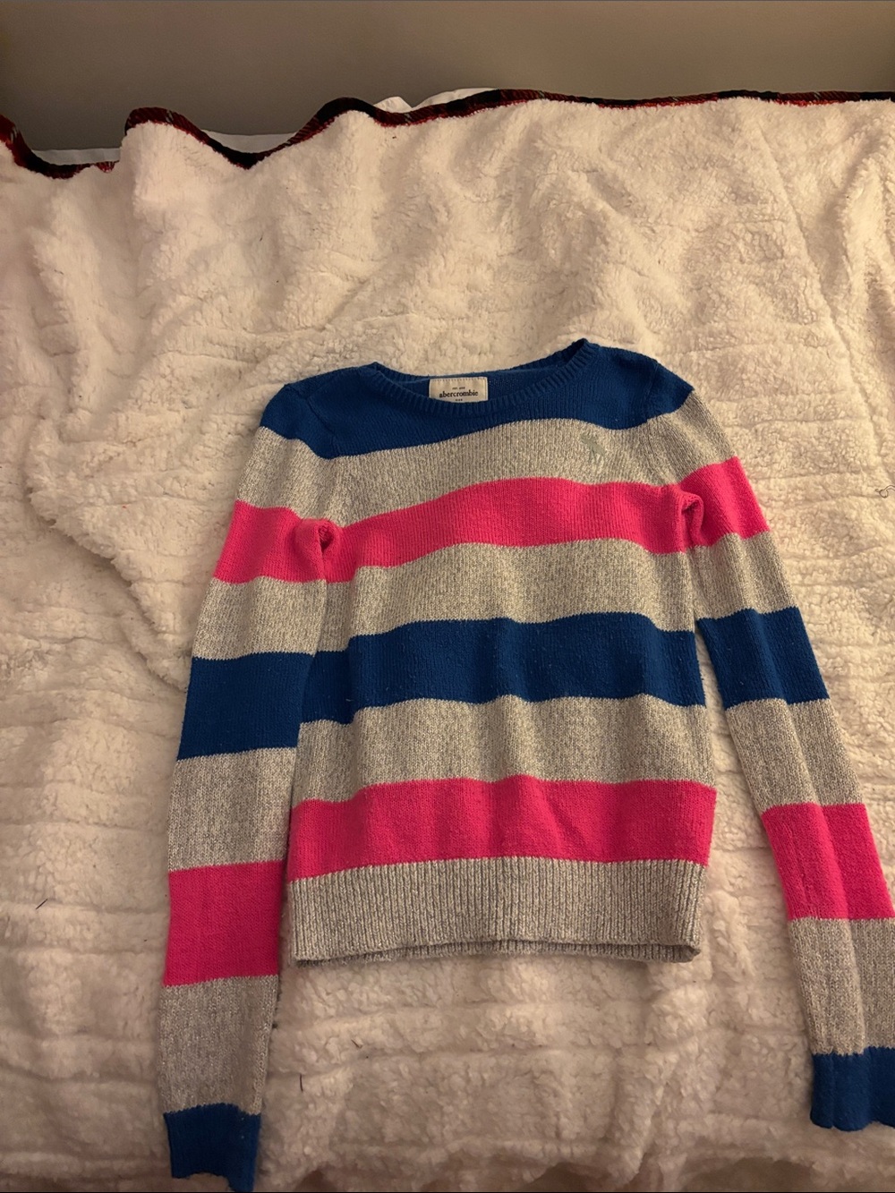 Abercrombie & Fitch Striped Crewneck Sweater in Pink, Blue & Gray